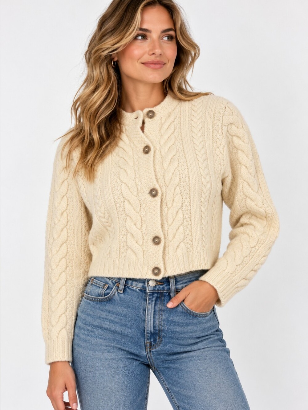 Paul James England 100% Wool Cable Knit Cardigan Sweater Cream Cropped S